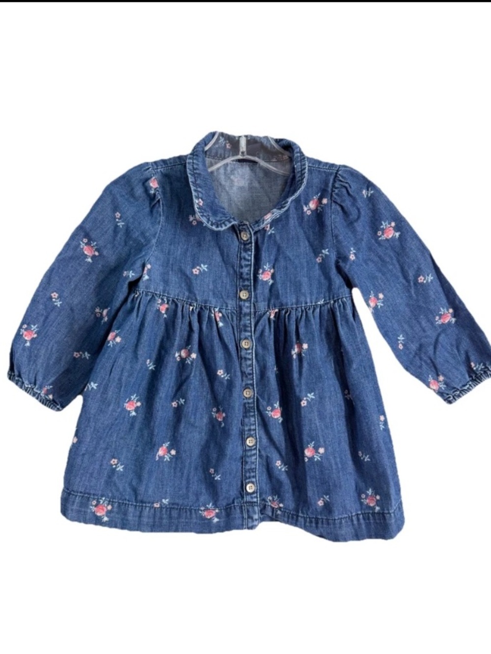Baby GAP Girls Long Sleeve Floral Chambray Light‎ Denim Dress Sz 18-24M